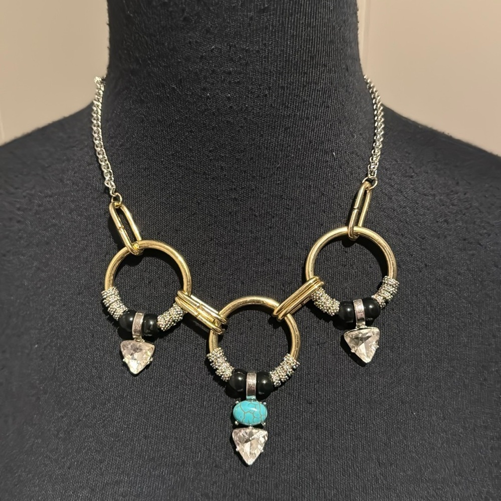Freedom crystal rings, triangle/turquoise dangle, circle/loops necklace.